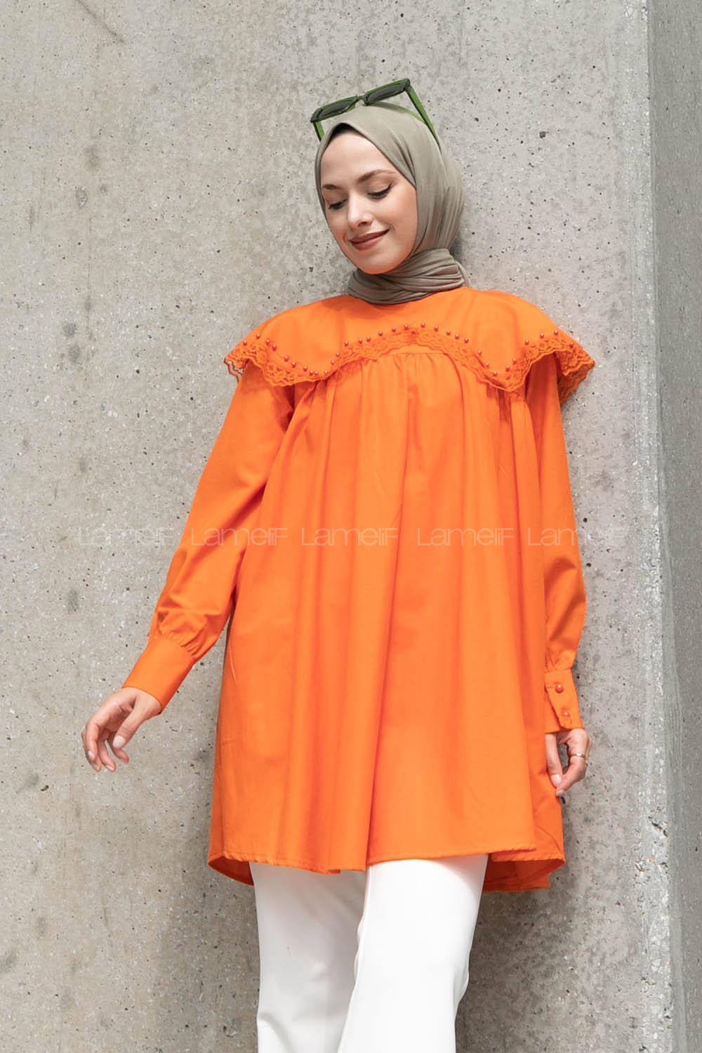 Orange Hood Neck Acrylic Printed Tunic
