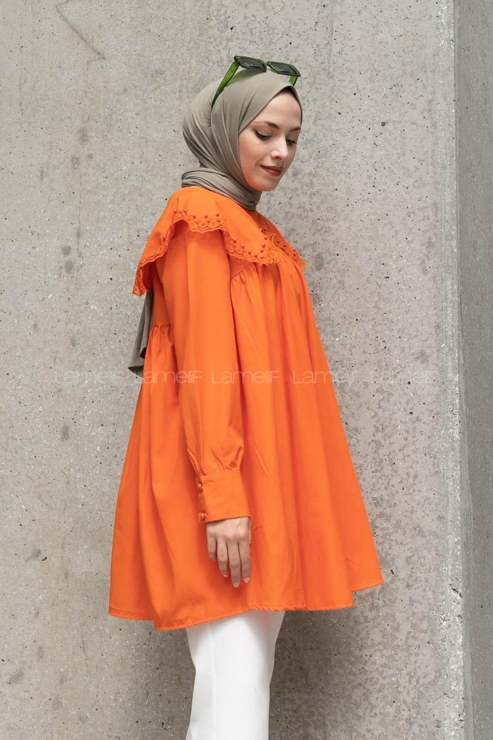 Orange Hood Neck Acrylic Printed Tunic