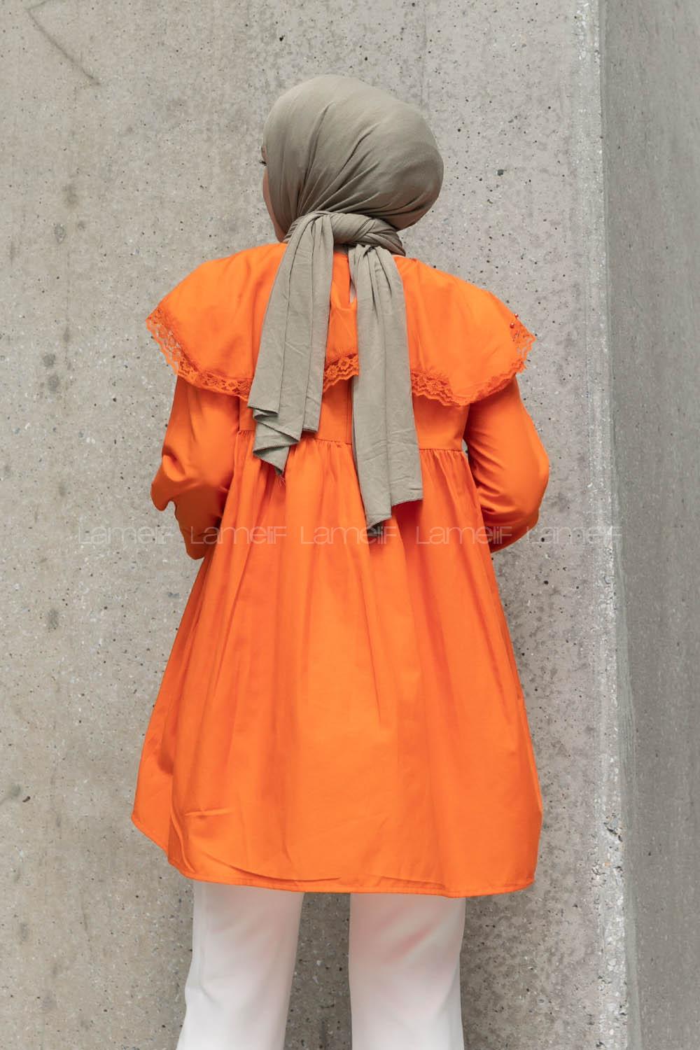 Orange Hood Neck Acrylic Printed Tunic