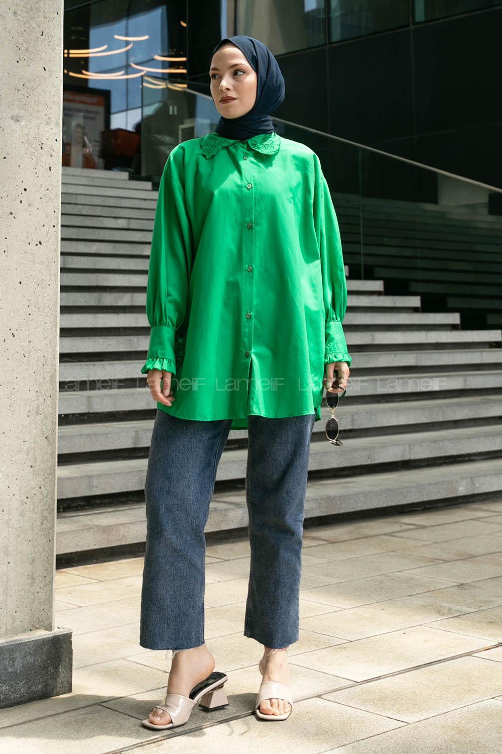 Green Shirt Collar Long Arm Cotton Unprinted Shirt