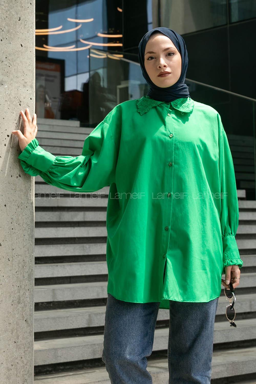 Green Shirt Collar Long Arm Cotton Unprinted Shirt