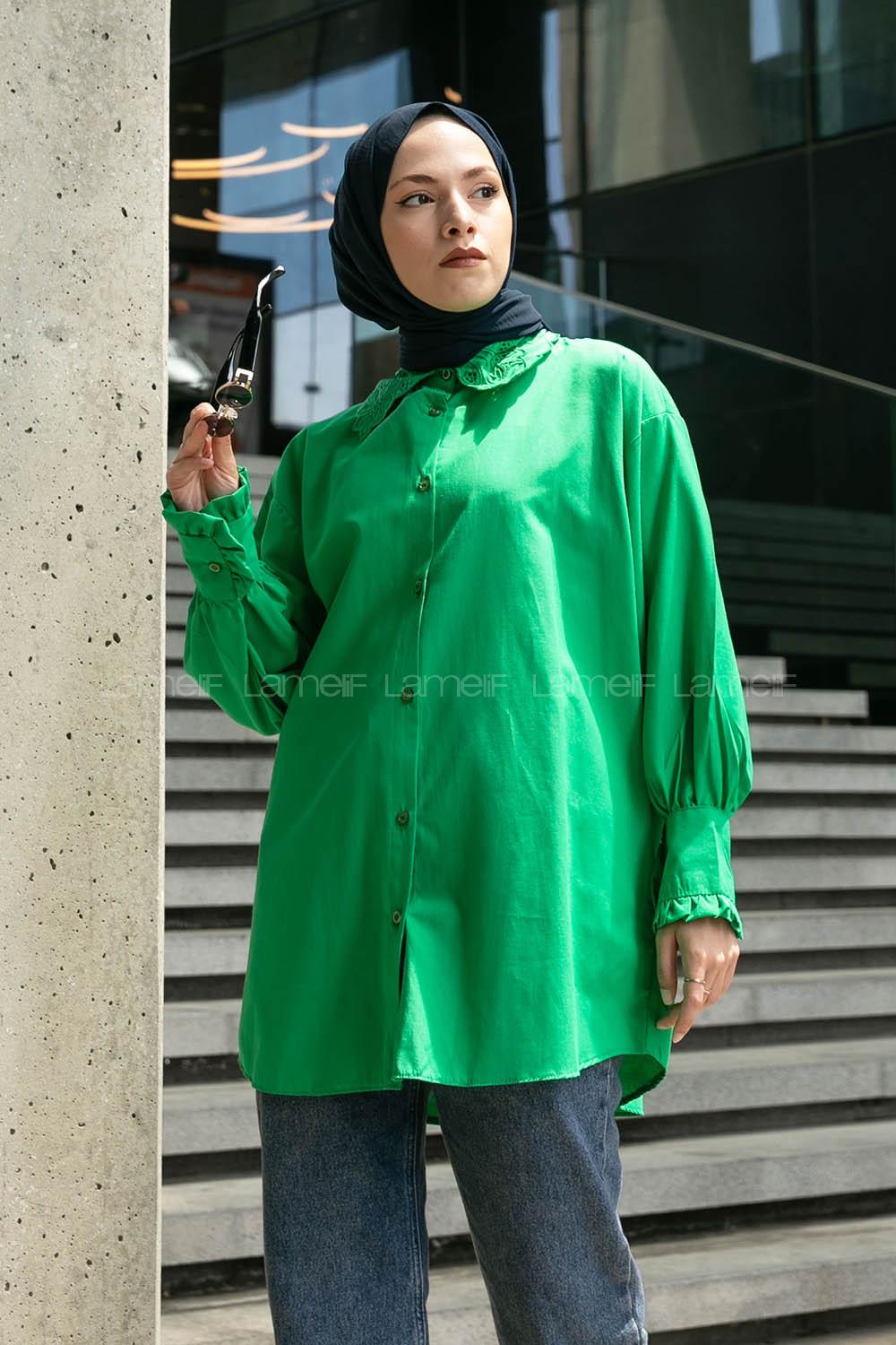 Green Shirt Collar Long Arm Cotton Unprinted Shirt
