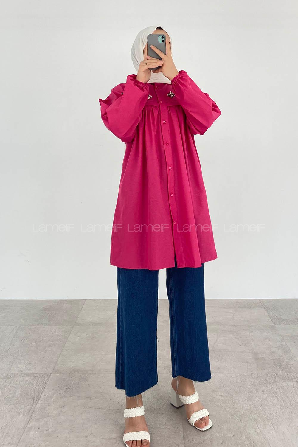 Fuchsia Shirt Collar Long Arm Cotton Unprinted Shirt