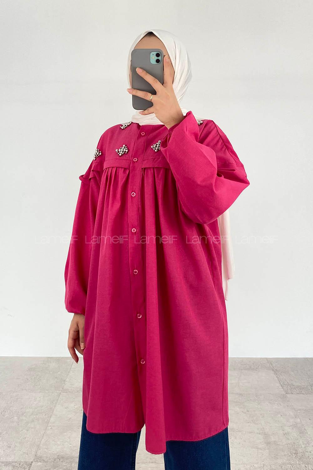 Fuchsia Shirt Collar Long Arm Cotton Unprinted Shirt