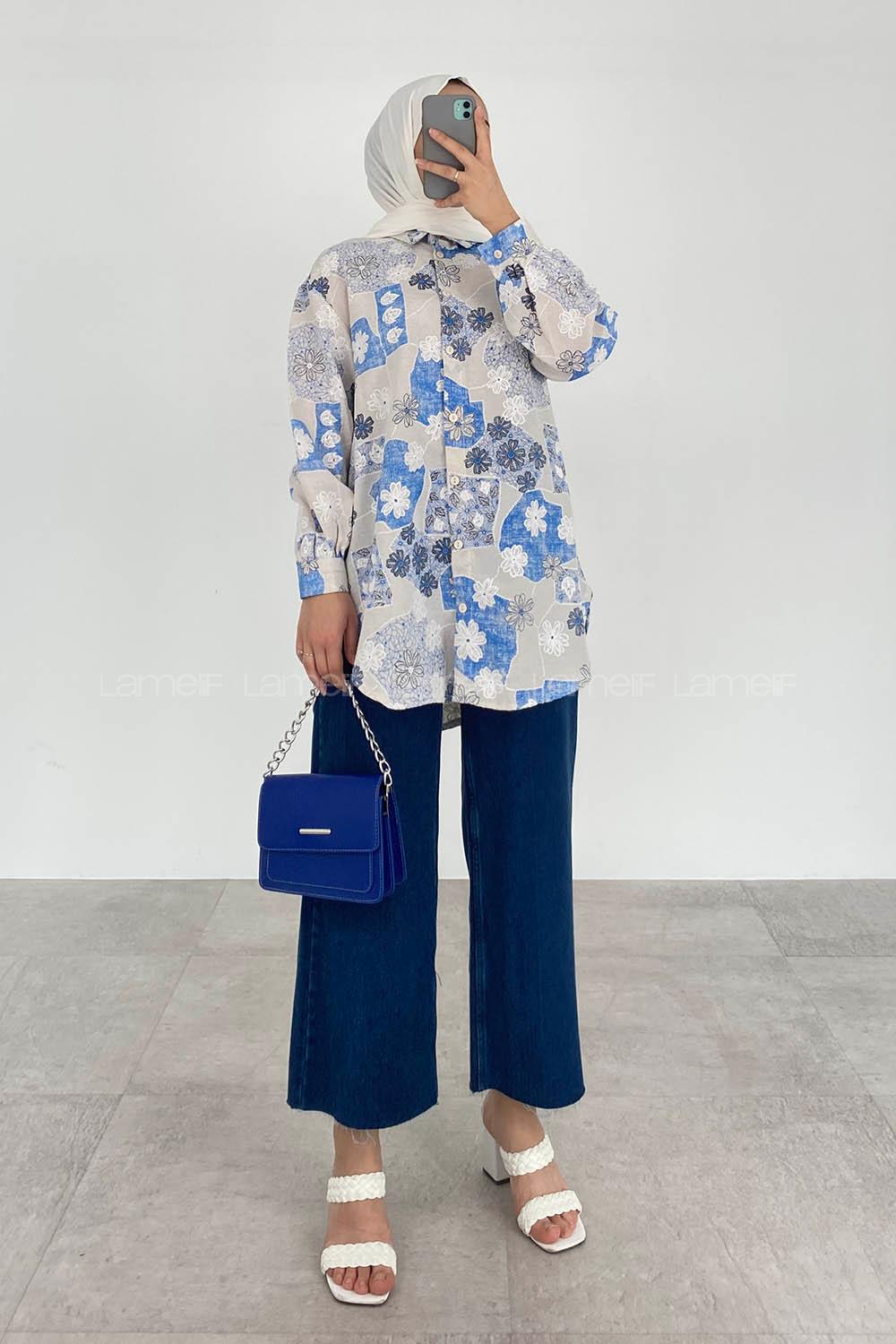 Blue Shirt Collar Long Arm Viscose Fabric Printed Shirt