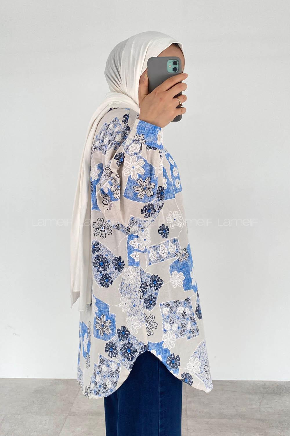 Blue Shirt Collar Long Arm Viscose Fabric Printed Shirt