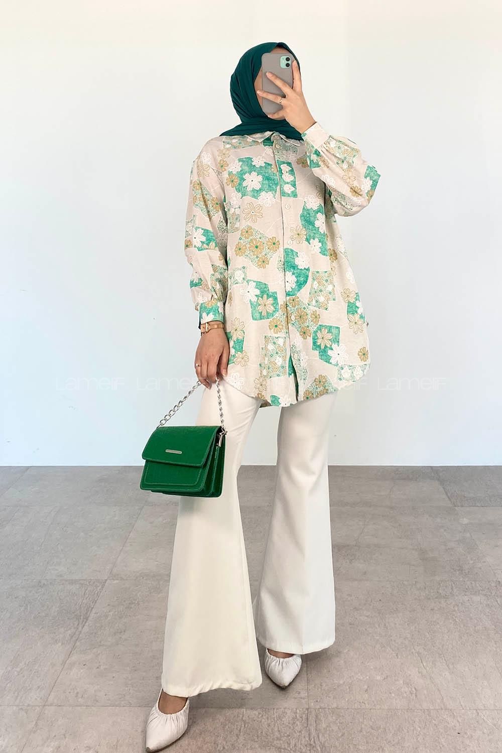 Green Shirt Collar Long Arm Viscose Fabric Printed Shirt