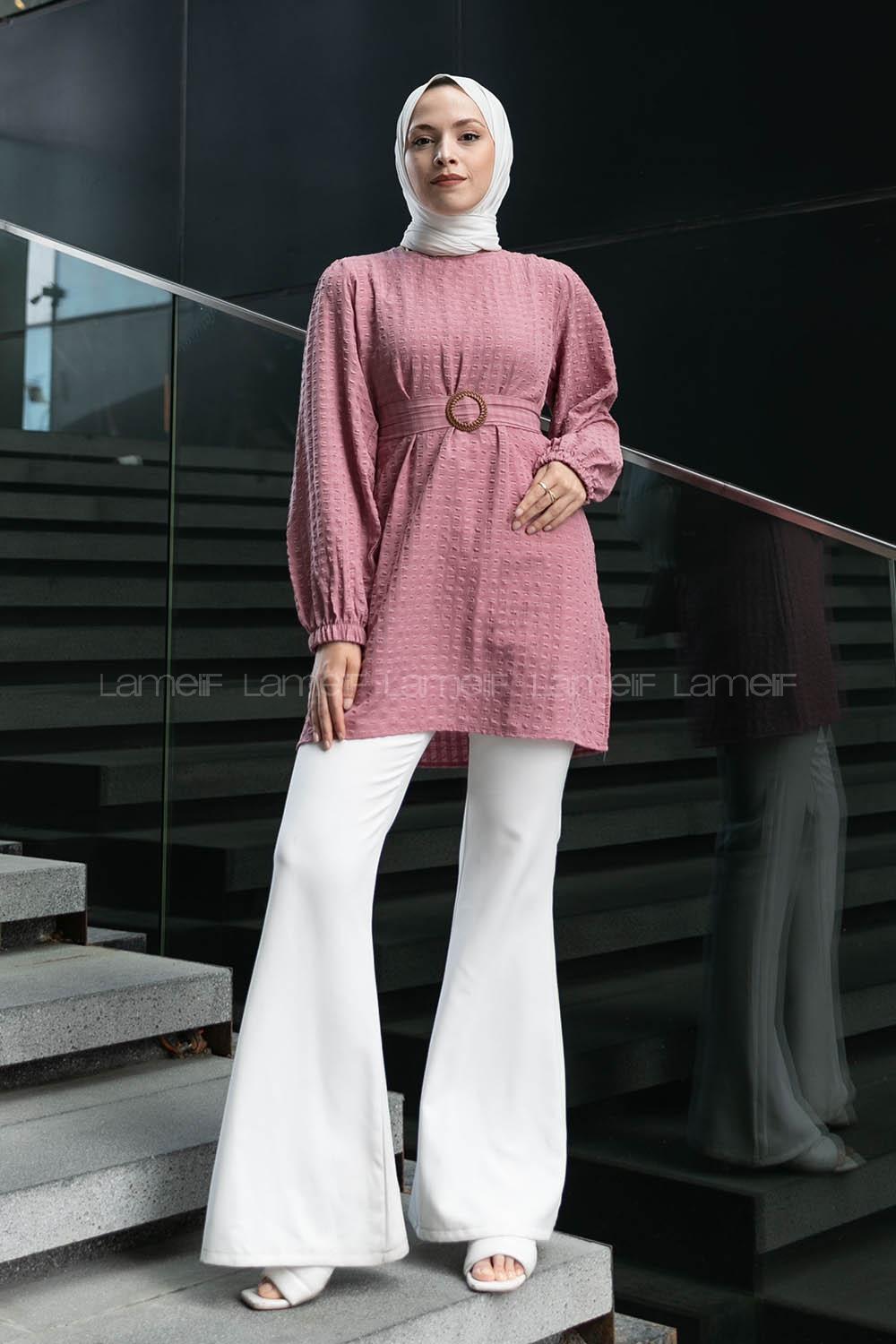 Powder Crew Neck Viscose Fabric Unprinted Tunic