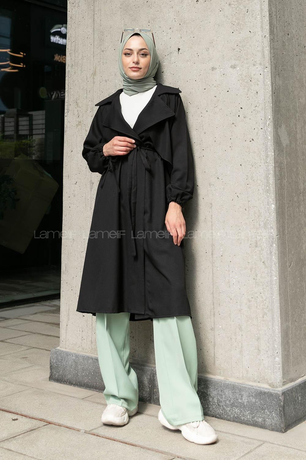 Black V Neck Long Arm Belted Topcoat
