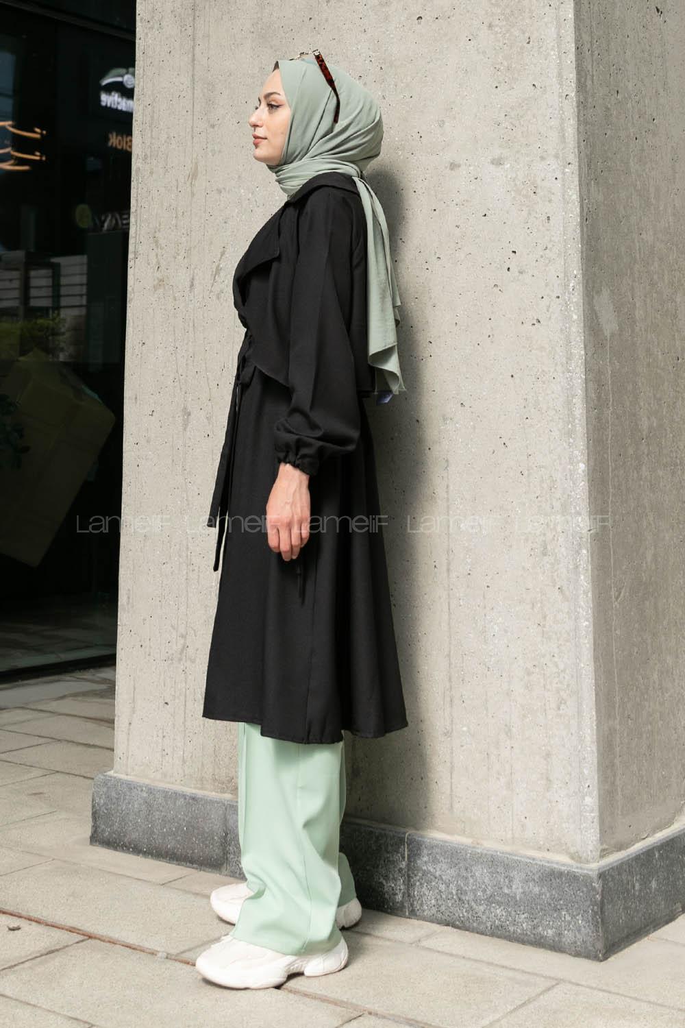 Black V Neck Long Arm Belted Topcoat