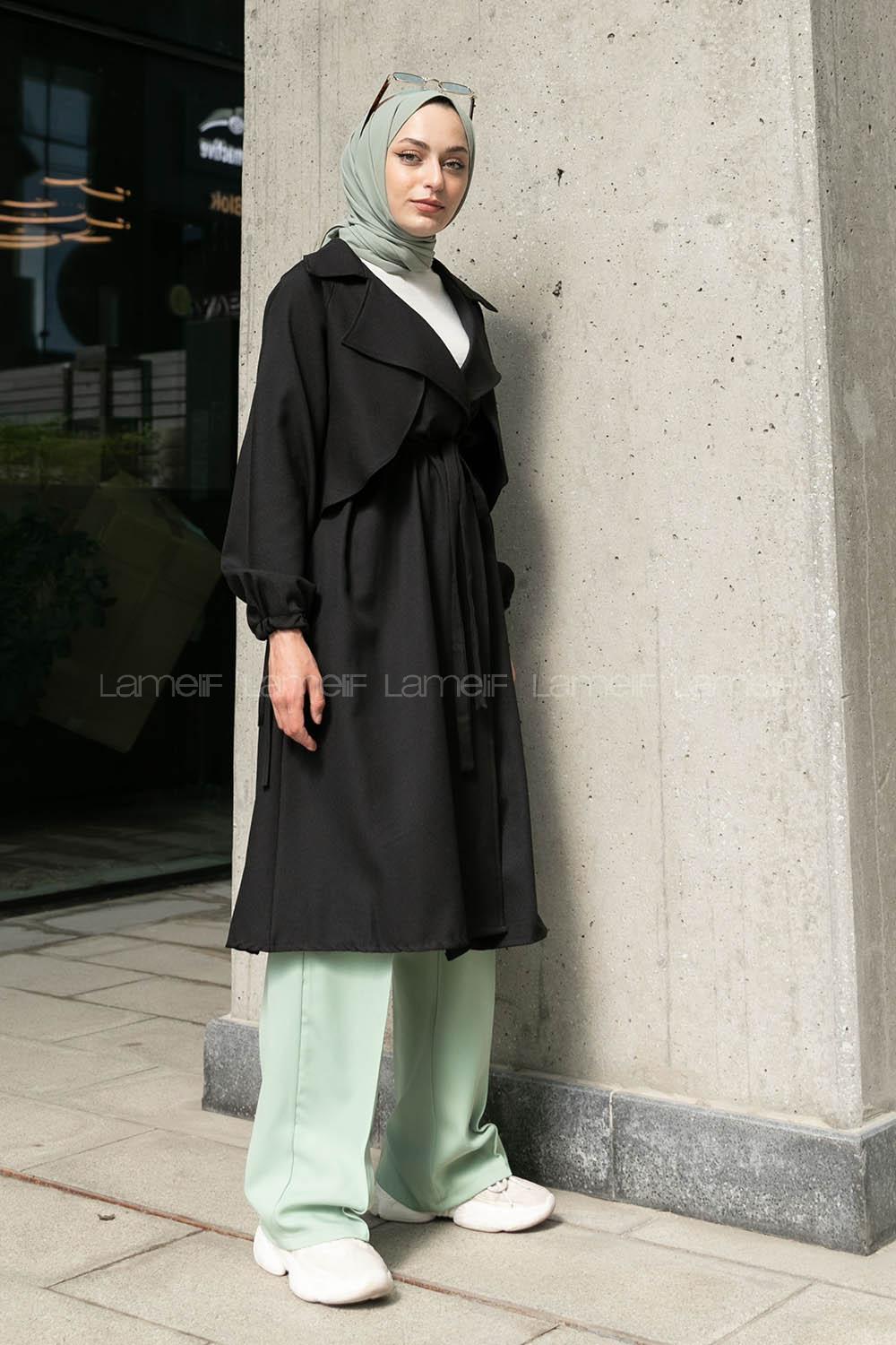 Black V Neck Long Arm Belted Topcoat