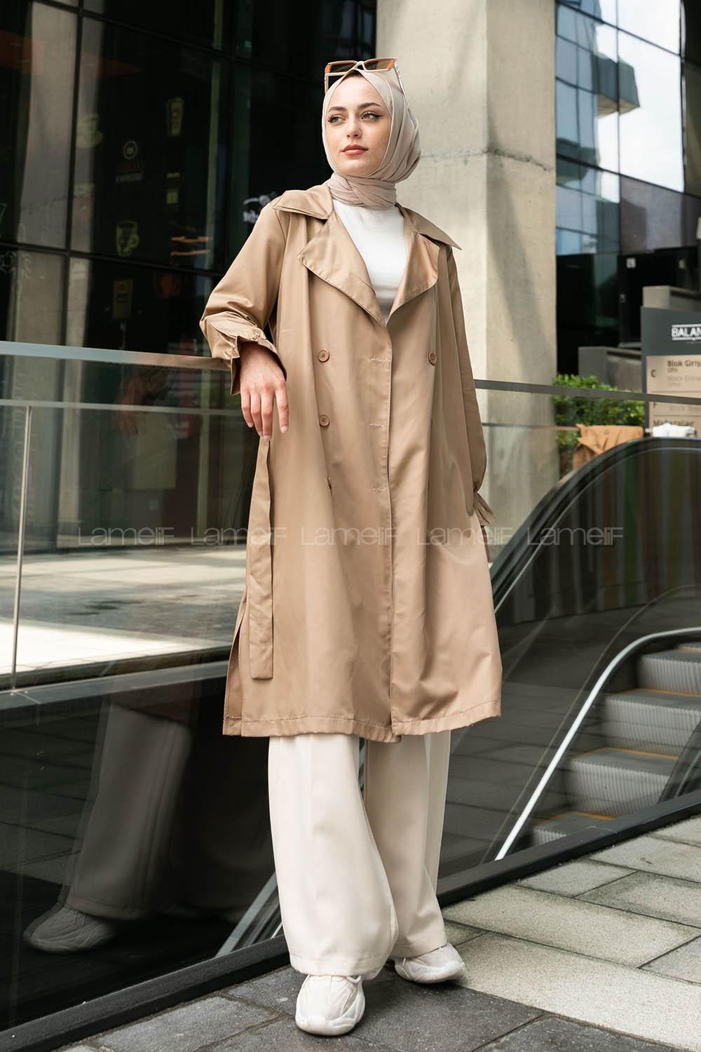 Beige Long Arm Belted Buttoned Viscose Fabric Trench Coat