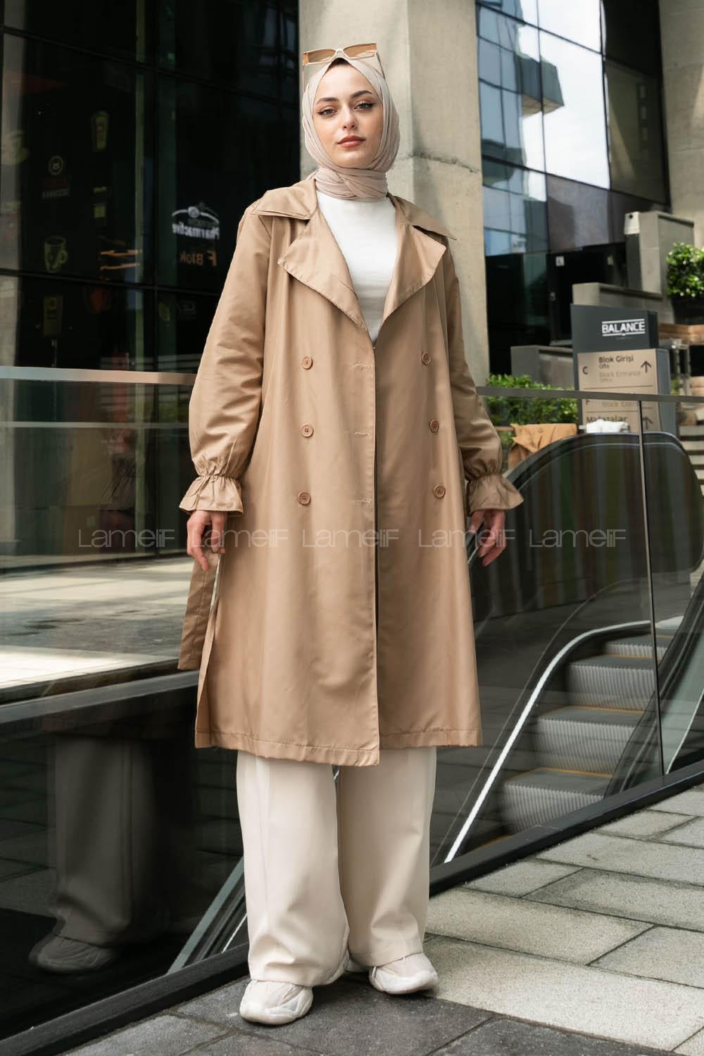 Beige Long Arm Belted Buttoned Viscose Fabric Trench Coat