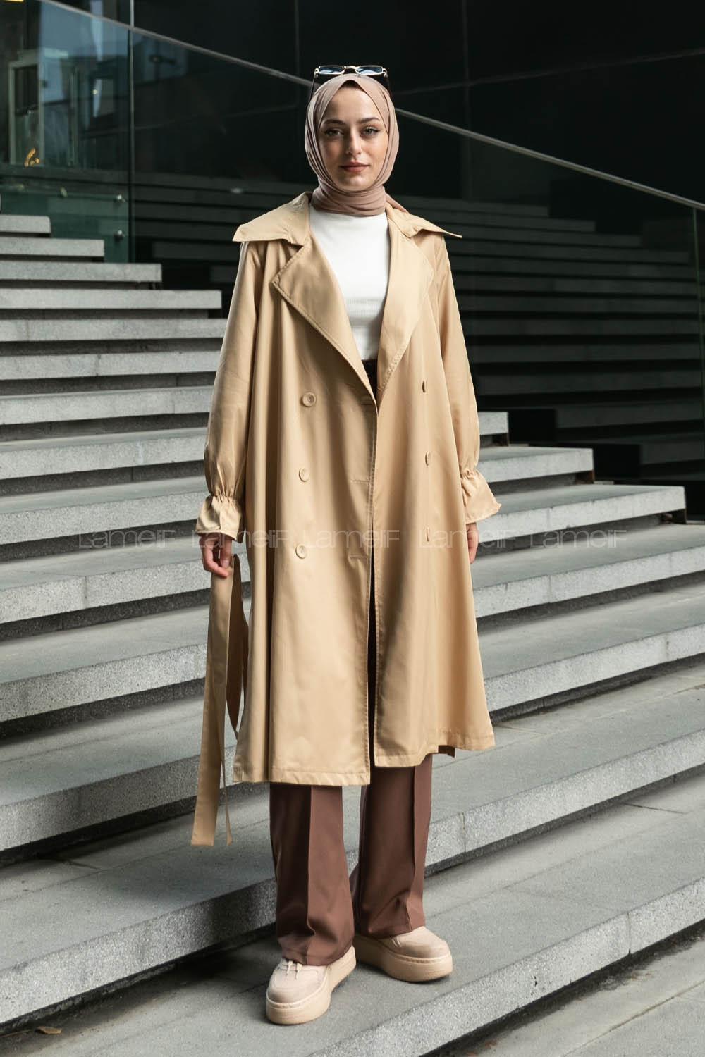 Camel Long Arm Belted Buttoned Parachute Fabric Trench Coat