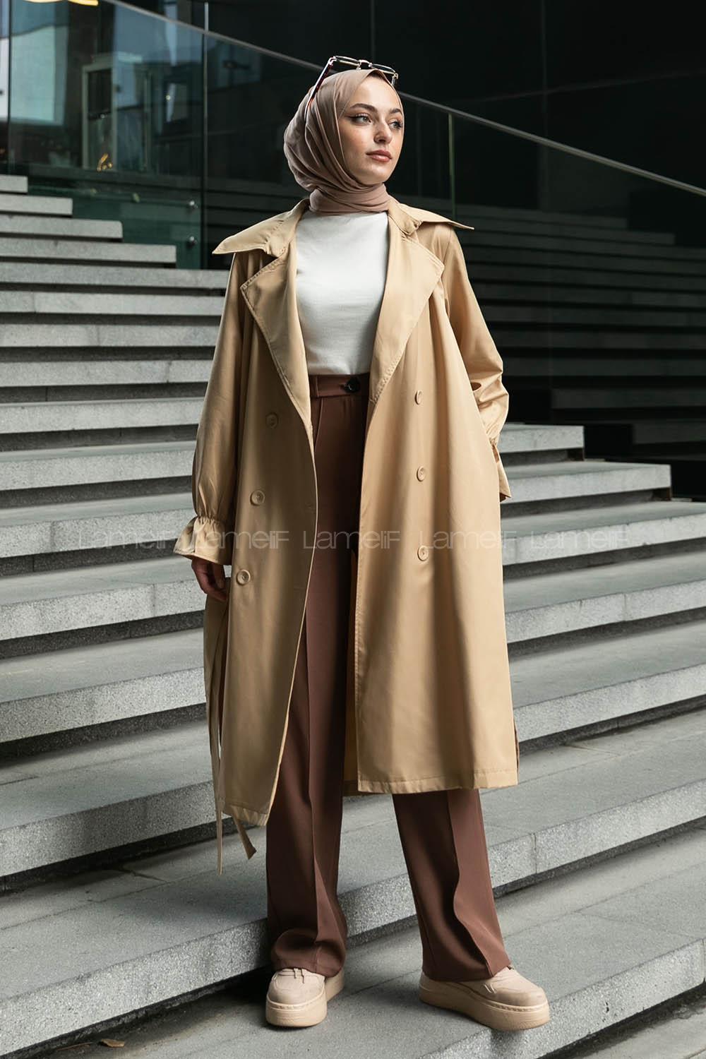 Camel Long Arm Belted Buttoned Parachute Fabric Trench Coat