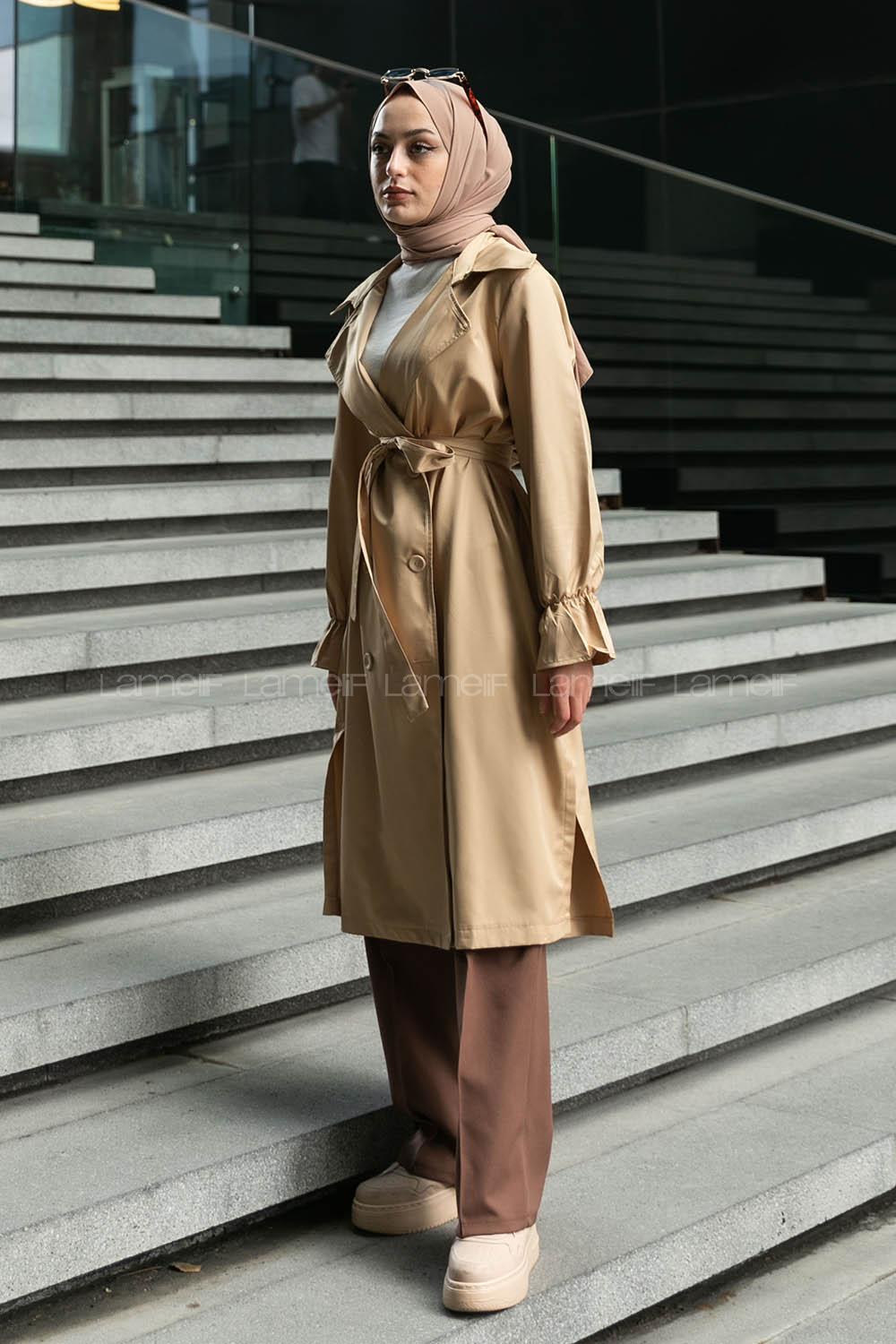 Camel Long Arm Belted Buttoned Parachute Fabric Trench Coat