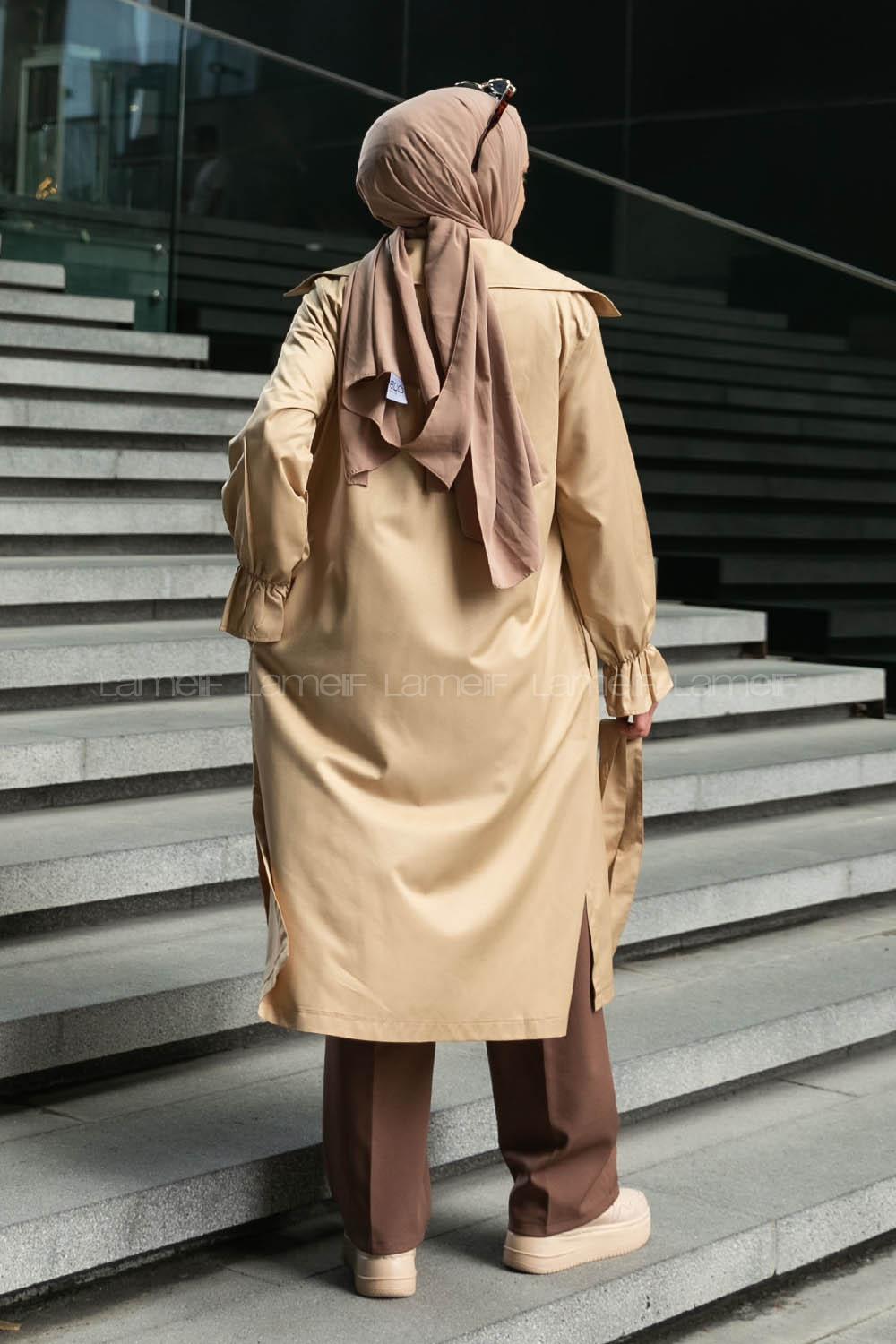 Camel Long Arm Belted Buttoned Parachute Fabric Trench Coat