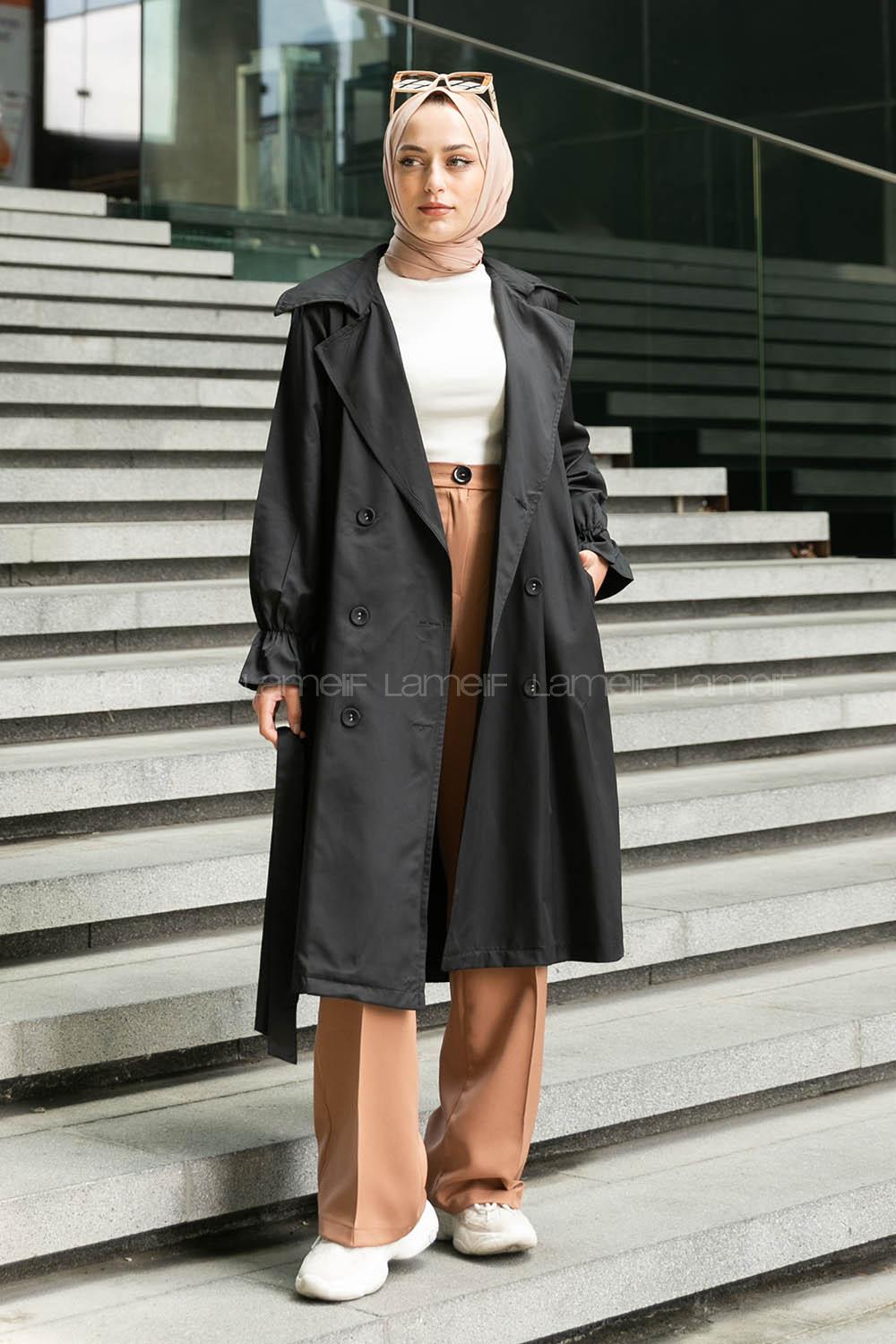 Black Long Arm Belted Buttoned Parachute Fabric Trench Coat