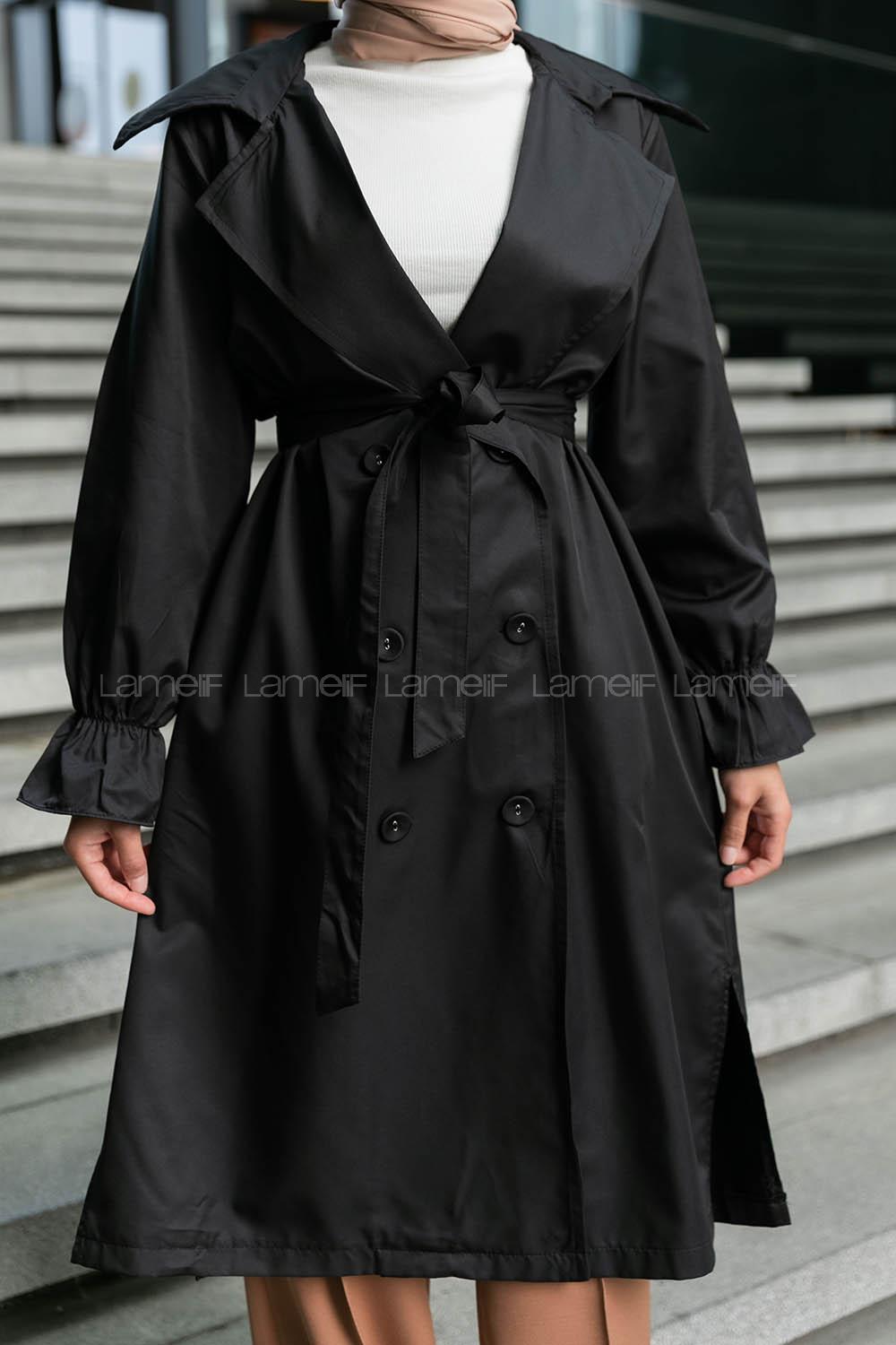 Black Long Arm Belted Buttoned Parachute Fabric Trench Coat