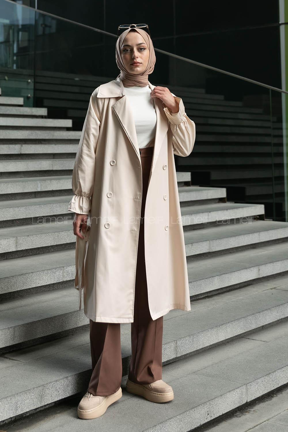 Stone Long Arm Belted Buttoned Parachute Fabric Trench Coat
