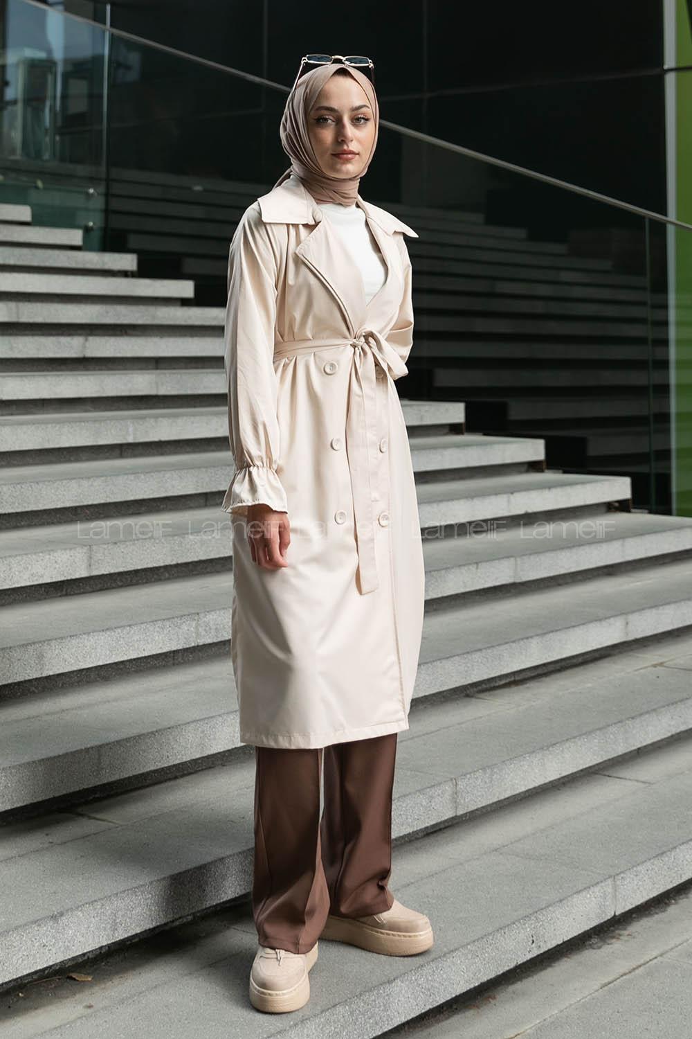Stone Long Arm Belted Buttoned Parachute Fabric Trench Coat