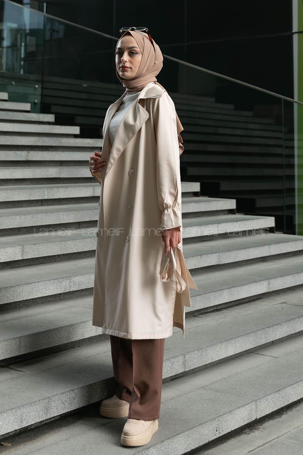 Stone Long Arm Belted Buttoned Parachute Fabric Trench Coat