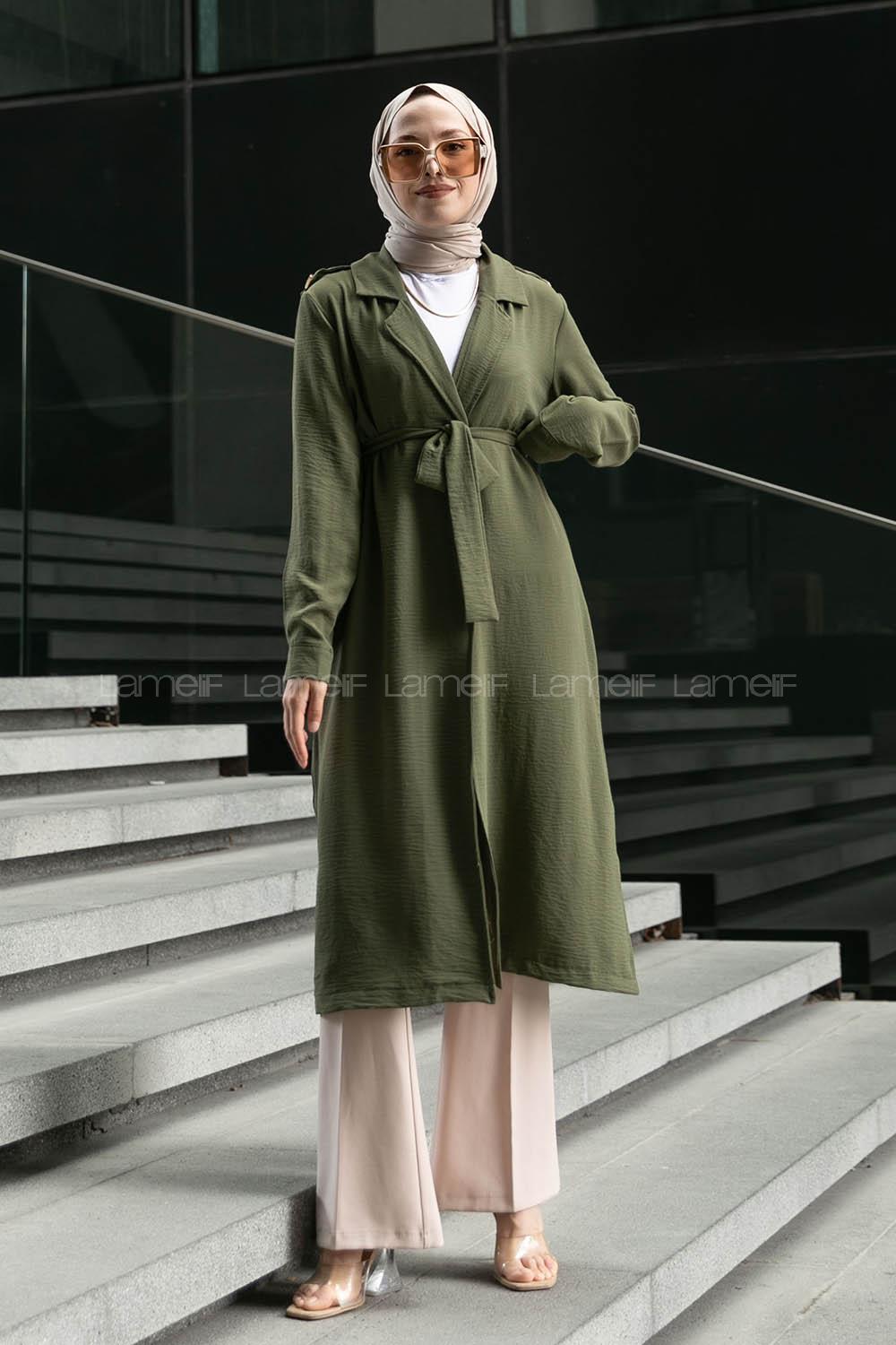 Khaki V Neck Long Arm Belted Buttoned Topcoat