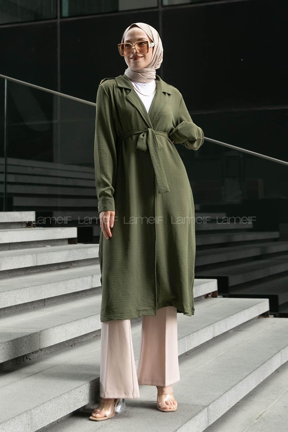 Khaki V Neck Long Arm Belted Buttoned Topcoat