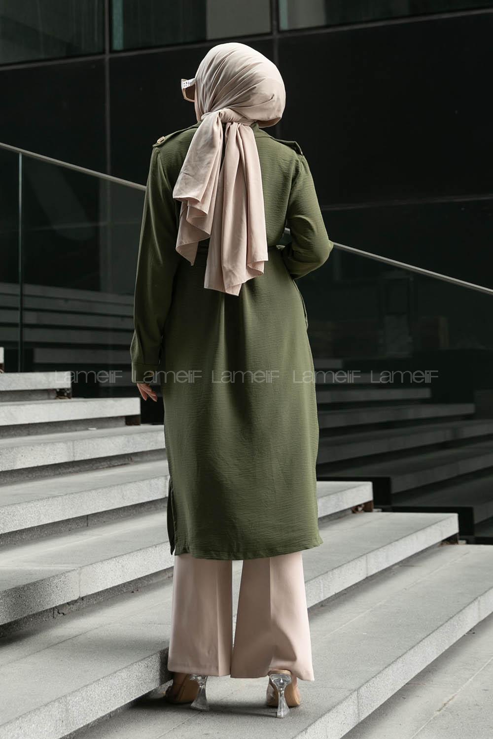 Khaki V Neck Long Arm Belted Buttoned Topcoat