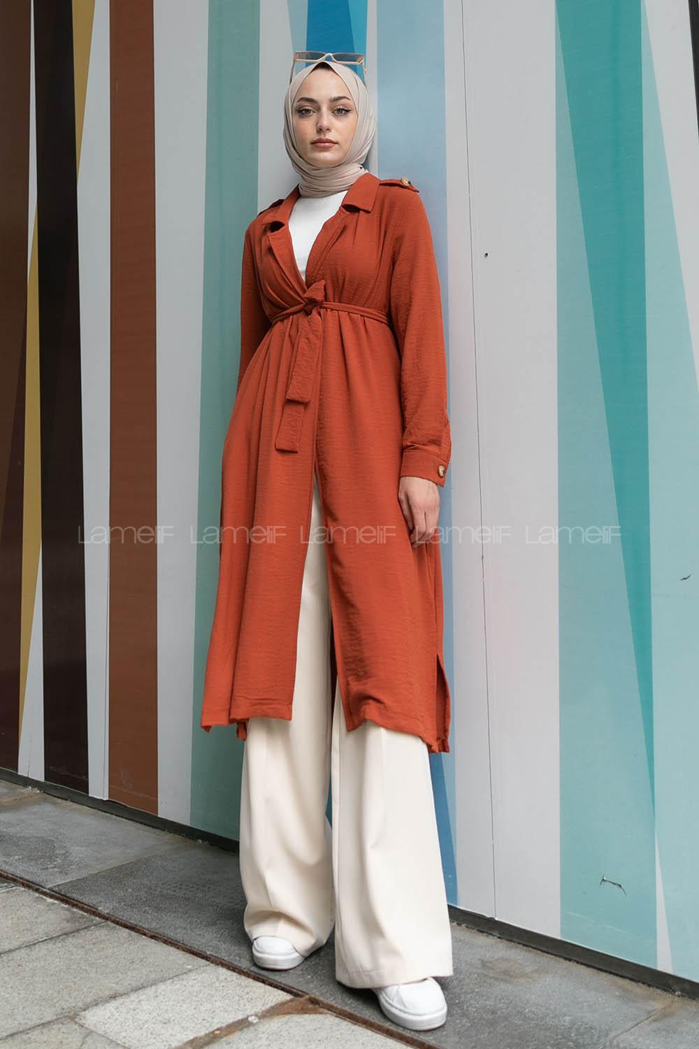 Tile V Neck Long Arm Belted Buttoned Topcoat