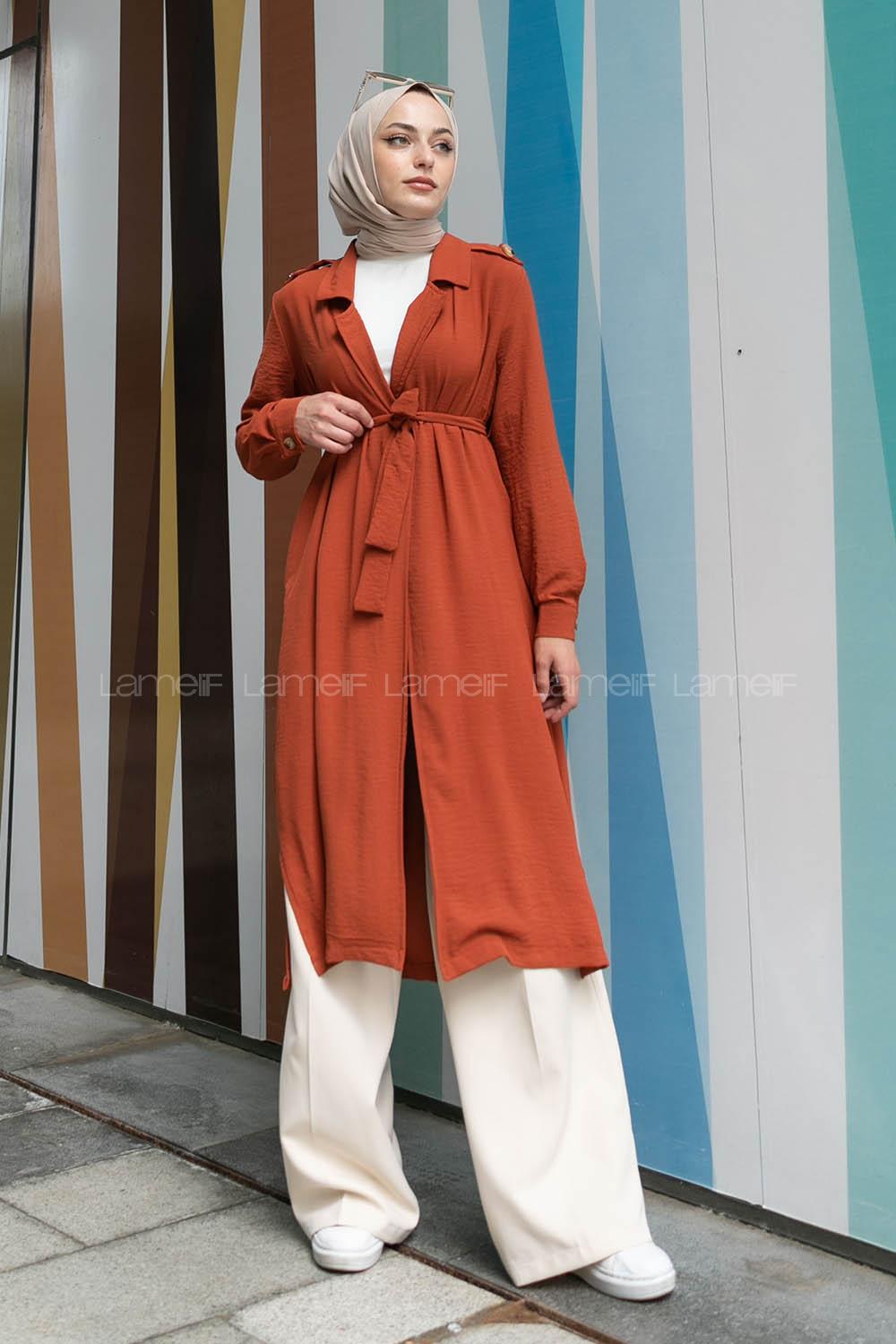 Tile V Neck Long Arm Belted Buttoned Topcoat