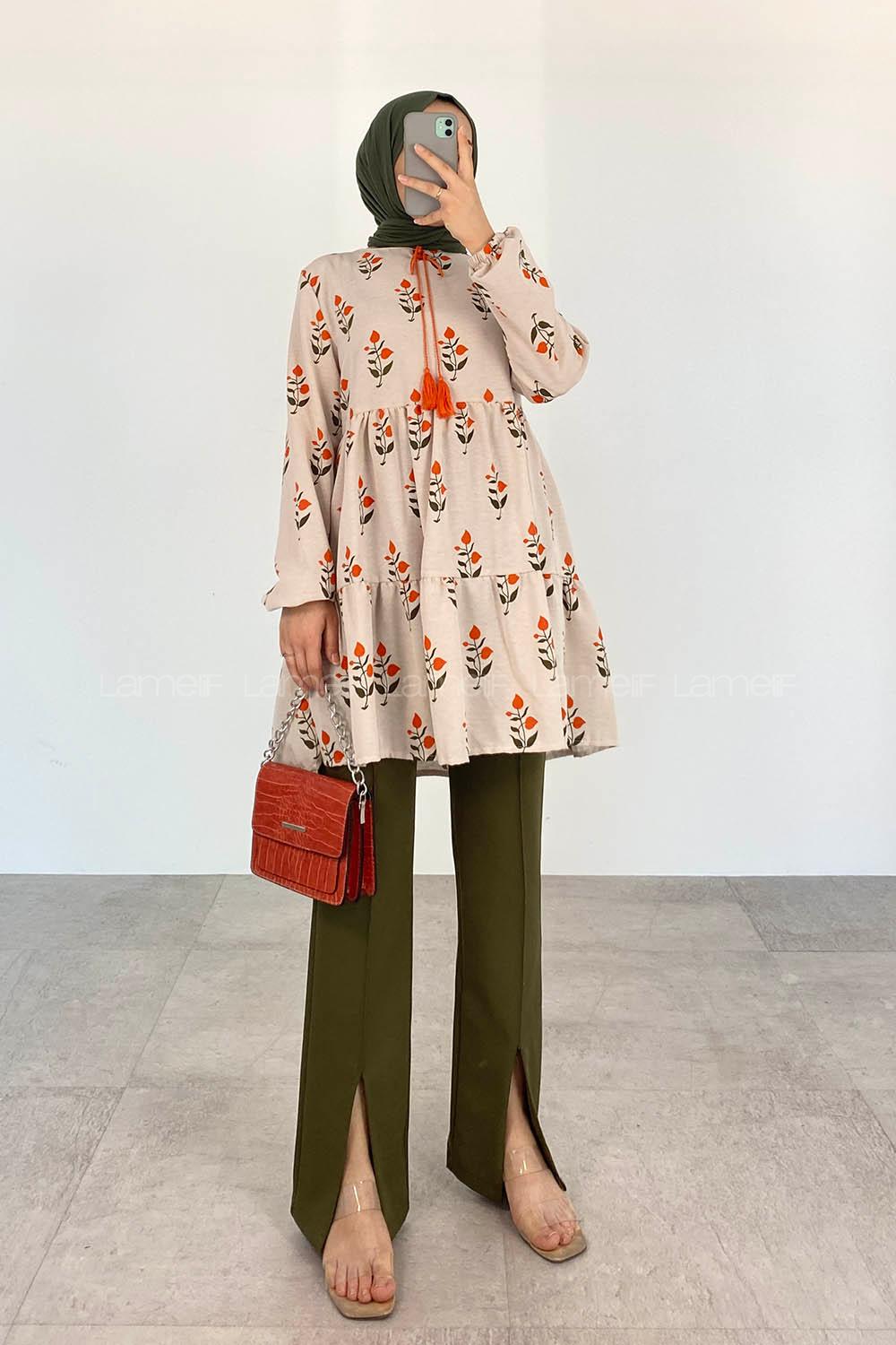 Orange Foulard Neck Linen Printed Tunic