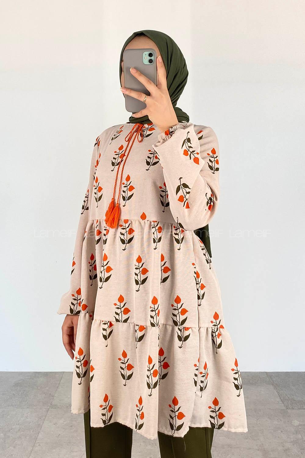 Orange Foulard Neck Linen Printed Tunic