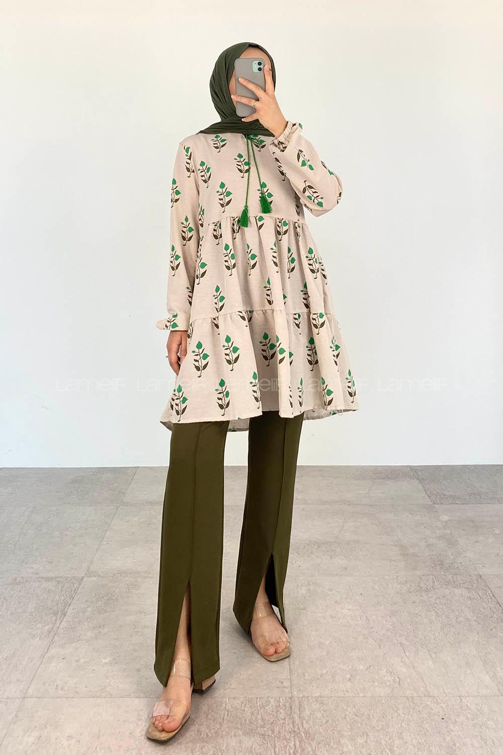 Green Foulard Neck Linen Printed Tunic