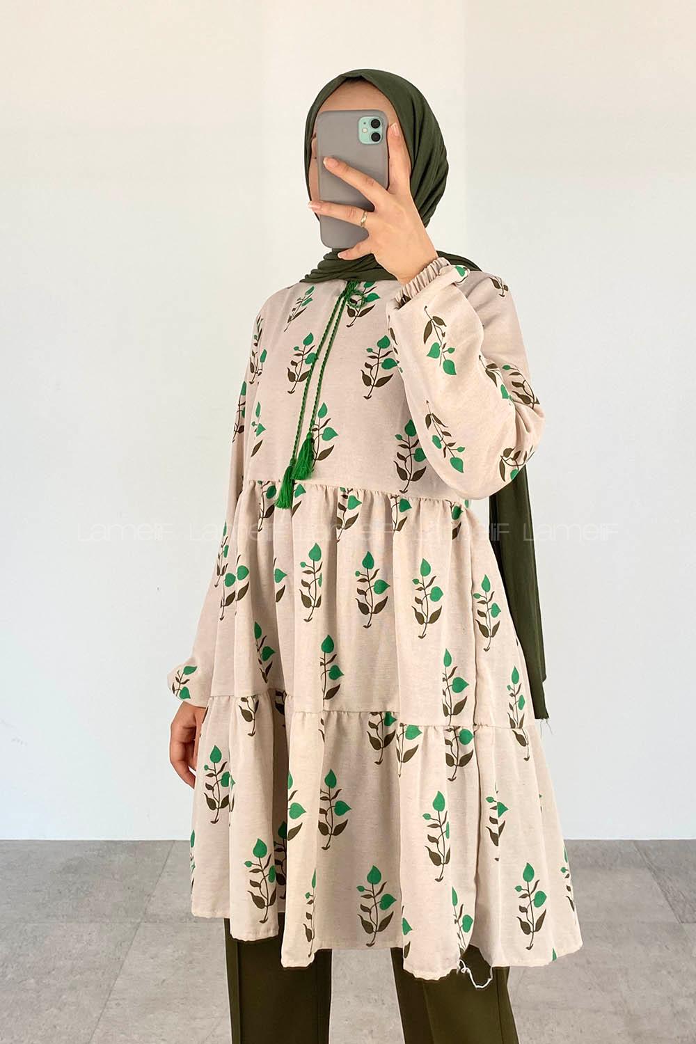Green Foulard Neck Linen Printed Tunic