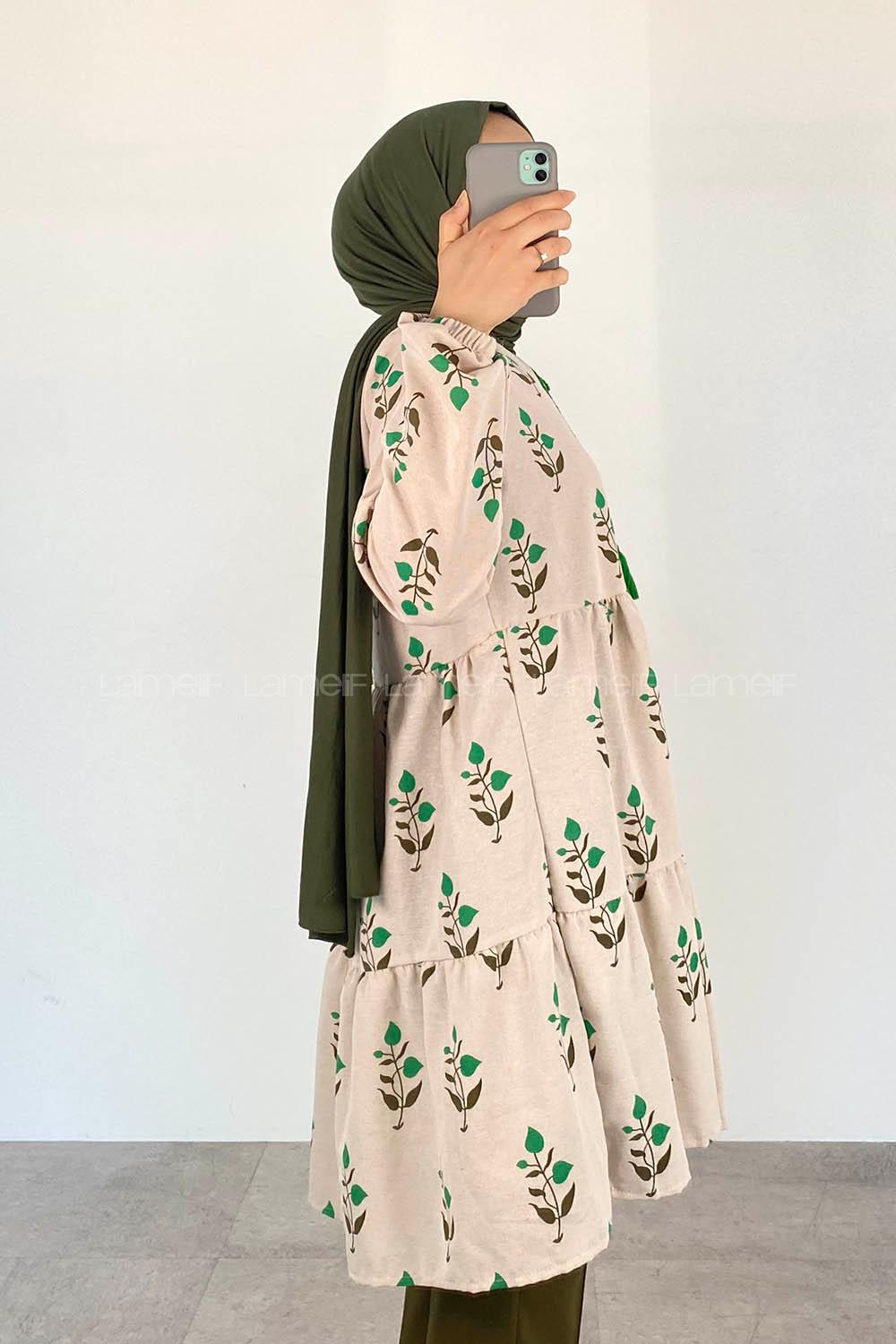 Green Foulard Neck Linen Printed Tunic