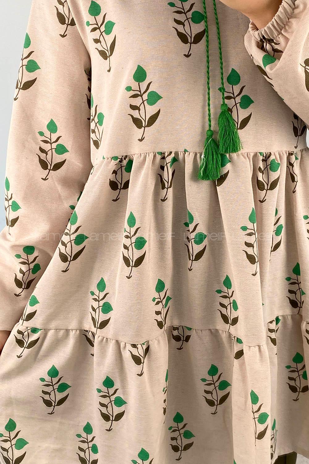 Green Foulard Neck Linen Printed Tunic