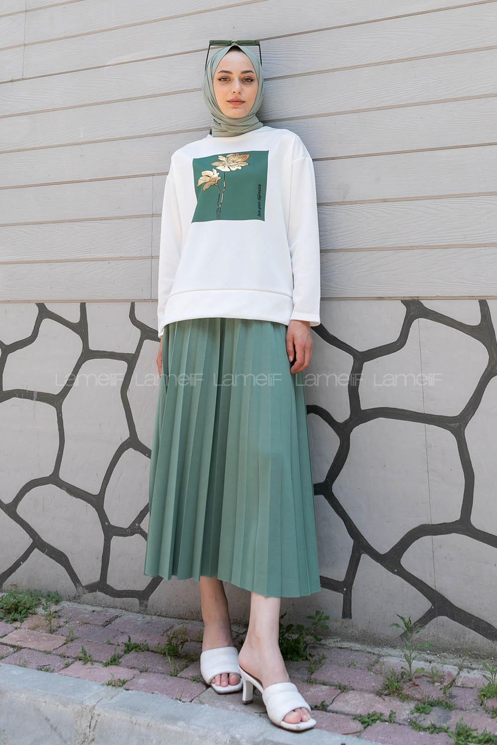 Plum Green Crew Neck Long Arm Without Accessories Viscose Fabric Pleated Suit