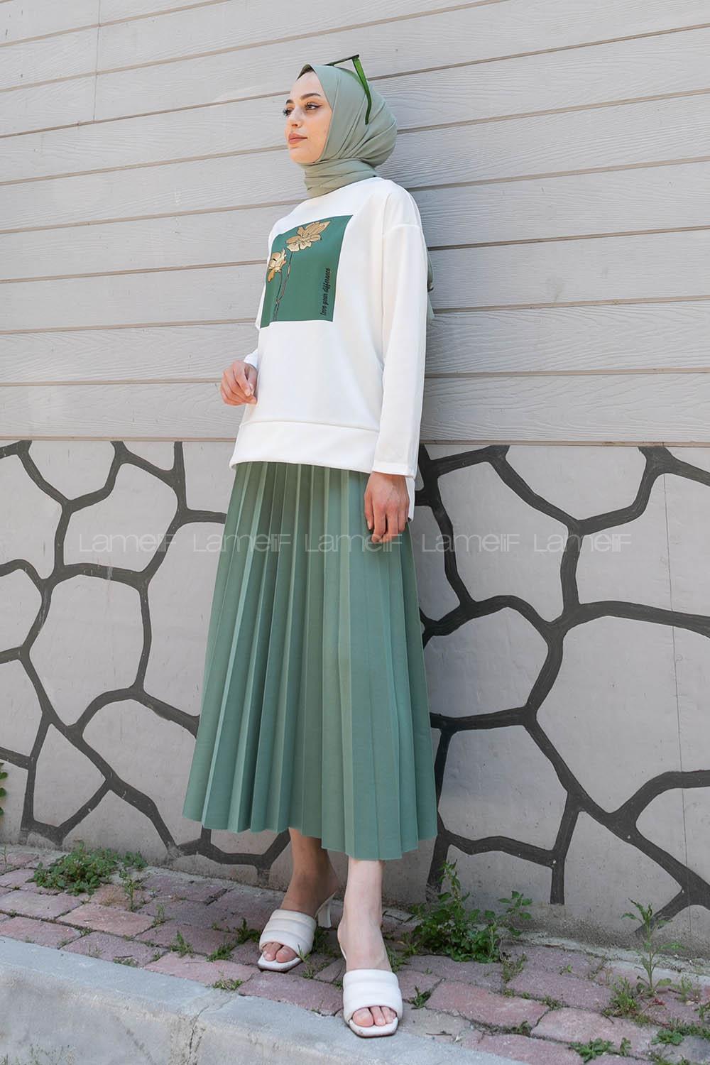 Plum Green Crew Neck Long Arm Without Accessories Viscose Fabric Pleated Suit