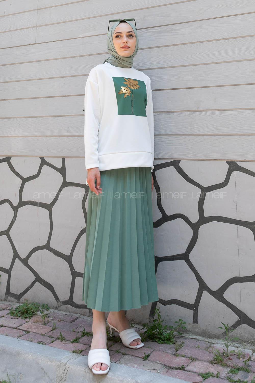 Plum Green Crew Neck Long Arm Without Accessories Viscose Fabric Pleated Suit