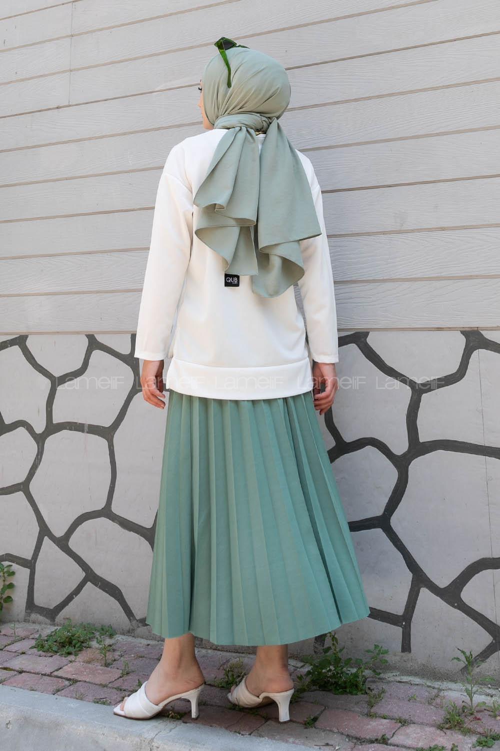 Plum Green Crew Neck Long Arm Without Accessories Viscose Fabric Pleated Suit