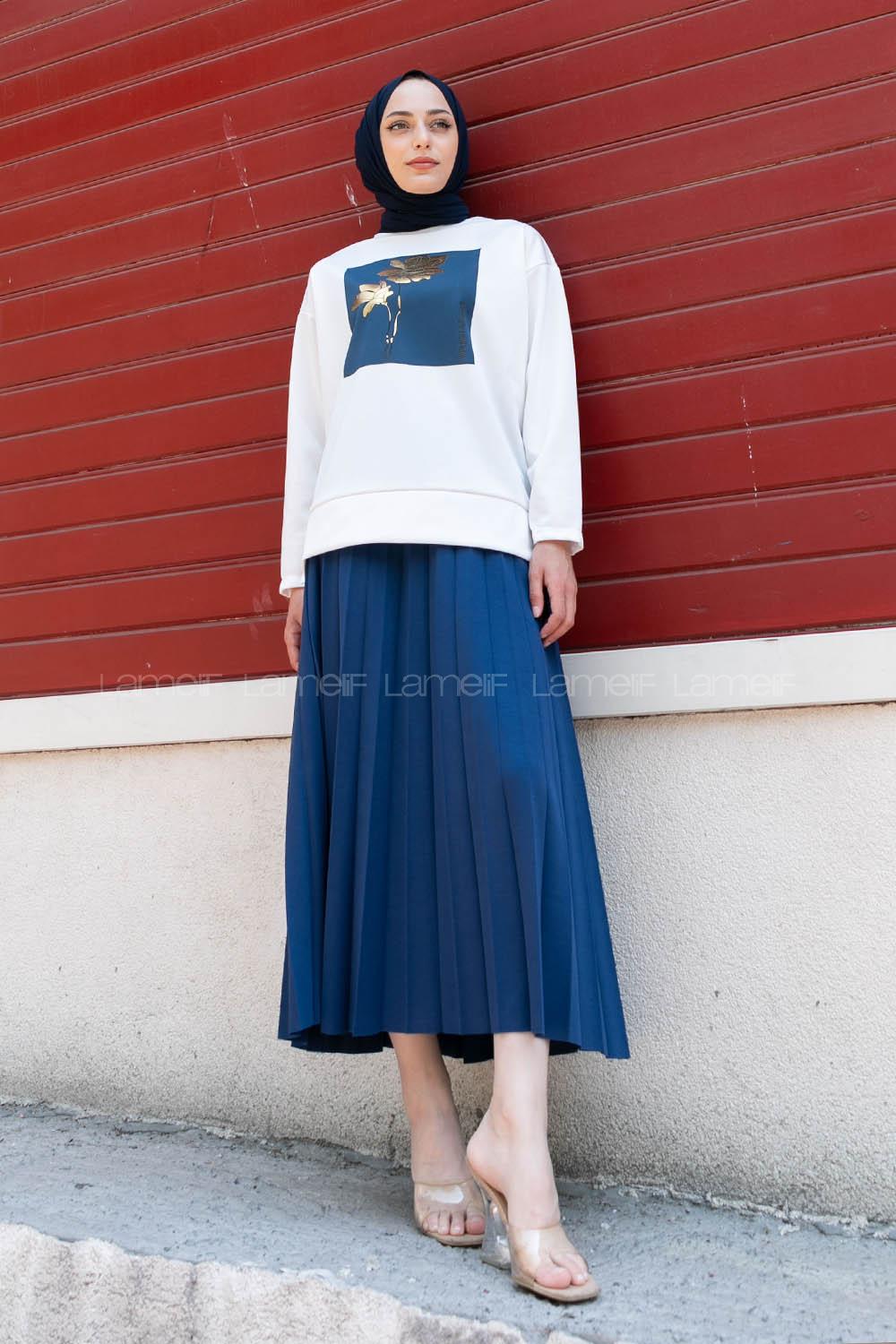 Indigo Crew Neck Long Arm Without Accessories Viscose Fabric Pleated Suit