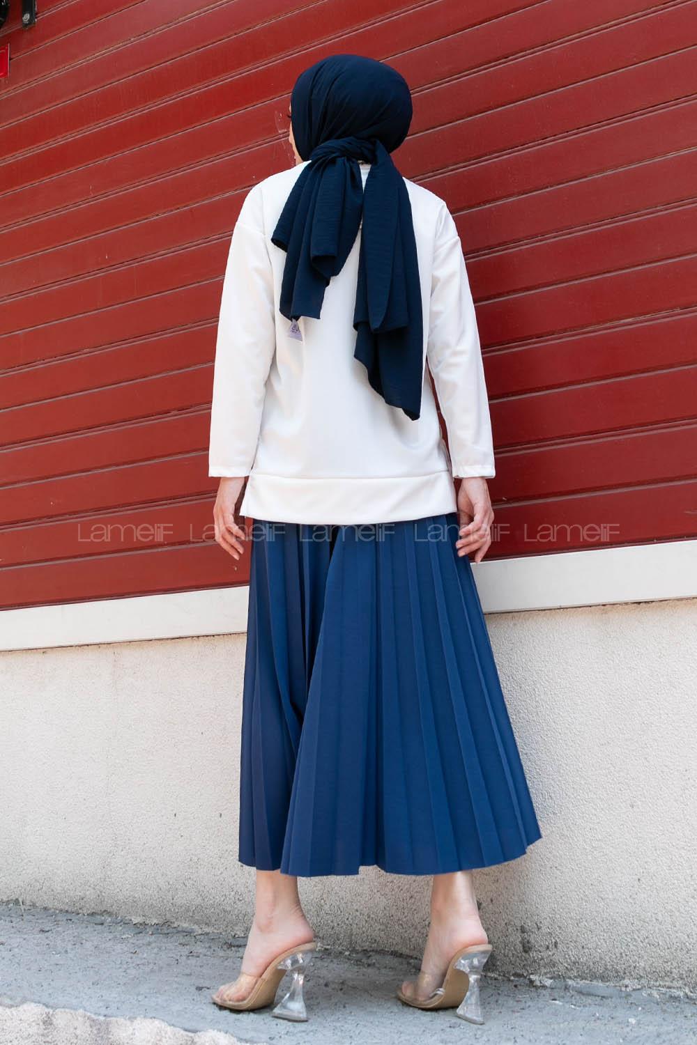 Indigo Crew Neck Long Arm Without Accessories Viscose Fabric Pleated Suit