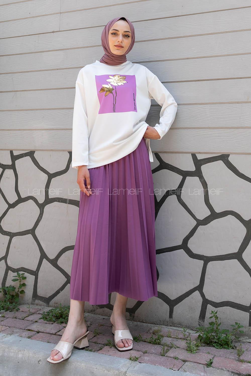 Lilac Crew Neck Long Arm Without Accessories Viscose Fabric Pleated Suit
