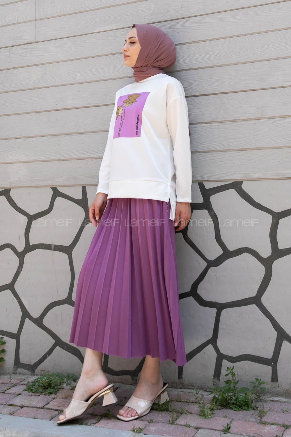 Lilac Crew Neck Long Arm Without Accessories Viscose Fabric Pleated Suit