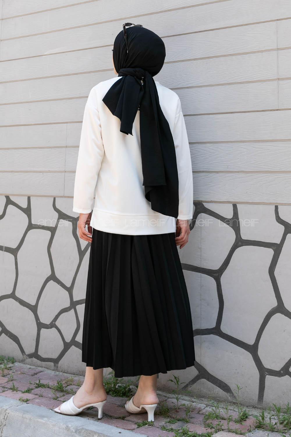 Black Crew Neck Long Arm Without Accessories Viscose Fabric Pleated Suit