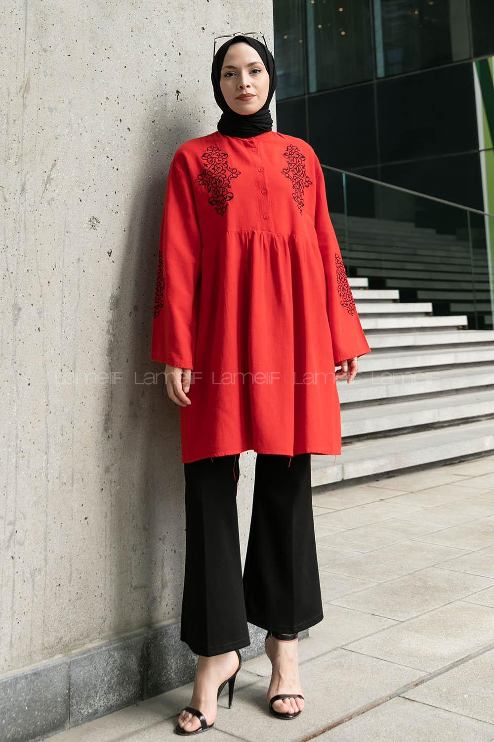 Red Mandarin Collar Linen Printed Tunic