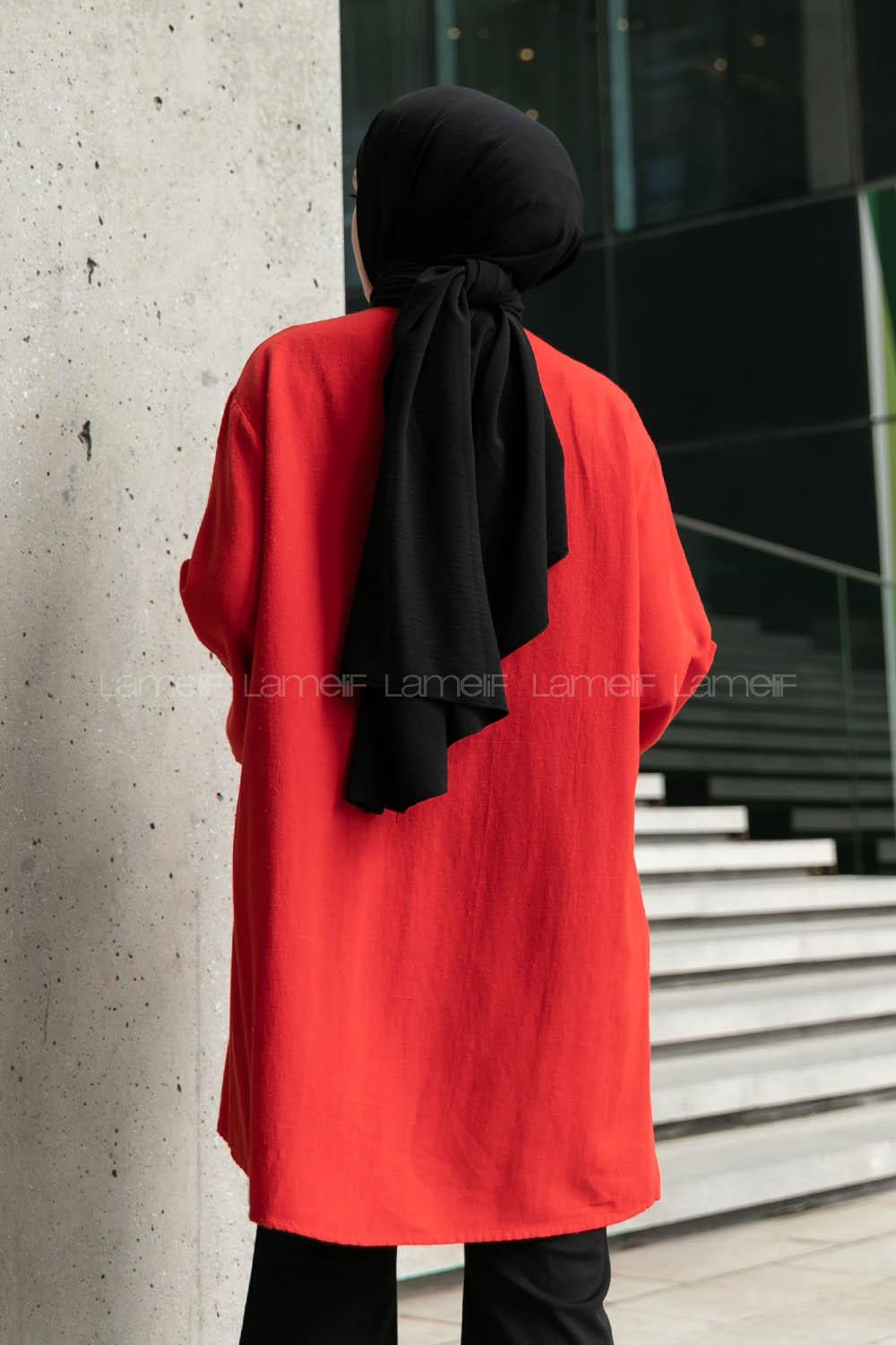 Red Mandarin Collar Linen Printed Tunic