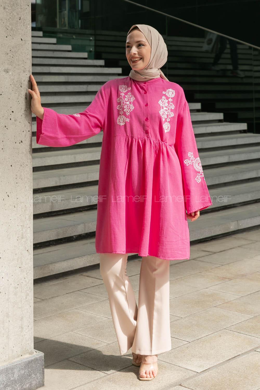 Pink Mandarin Collar Linen Printed Tunic