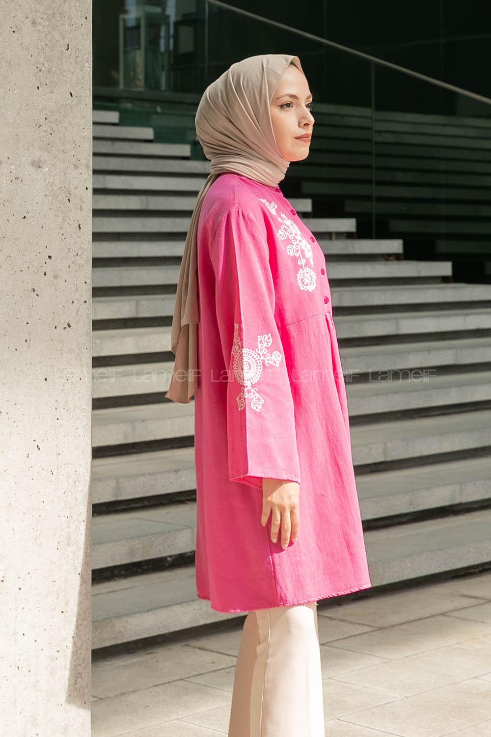 Pink Mandarin Collar Linen Printed Tunic